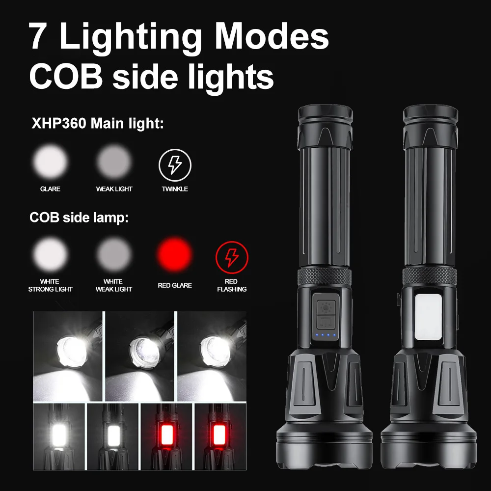 XHP360 36-Core High-Powered LED Flashlight USB Rechargeable 5000000 Lumens Tactical Flashlights 7 Modes and Zoomable for Camping