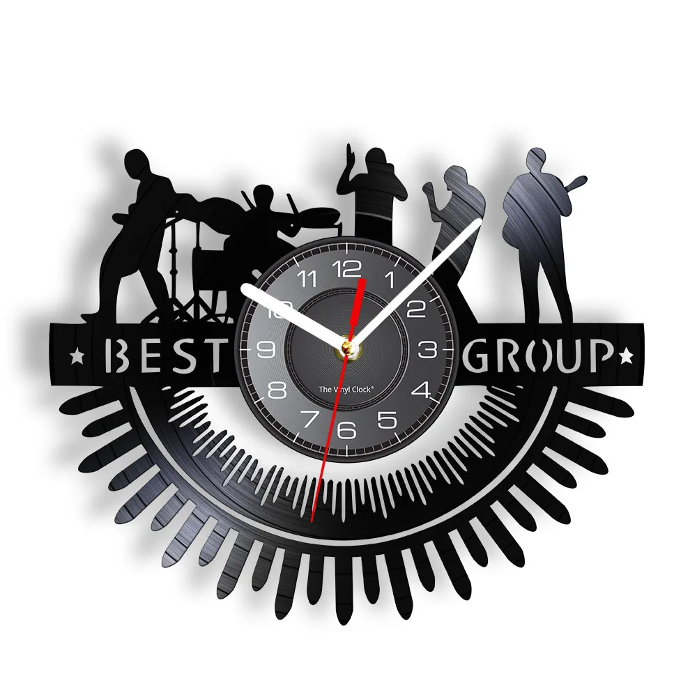 

Rock Band Silhouettes Wall Art Rock & Roll Heavy Metal Music Band Wall Clock Drums Melody Concert Live Show Vinyl Record Clock