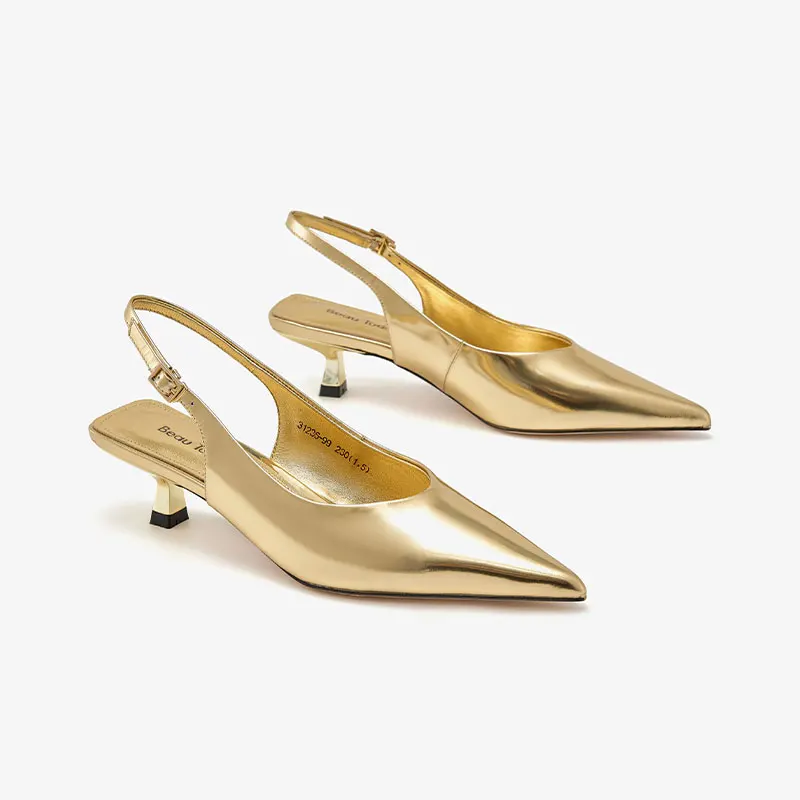 BEAUTODAY Stiletto Slingback Women Cow Leather Pointed Toe Buckle Strap Low Heel Ladies Party Shoes Handmade A31236