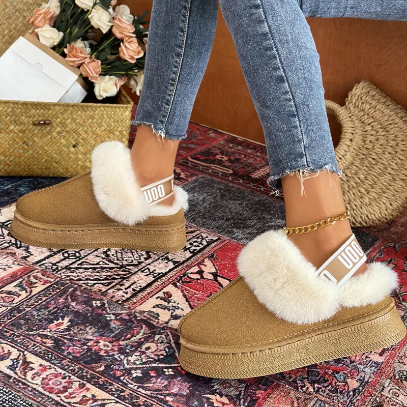 

2025 Winter Korean Style Thick-Soled Fleece-Lined Thickened Warm Indoor Cotton Shoes Fur Shoes Closed-Toe Snow Boots