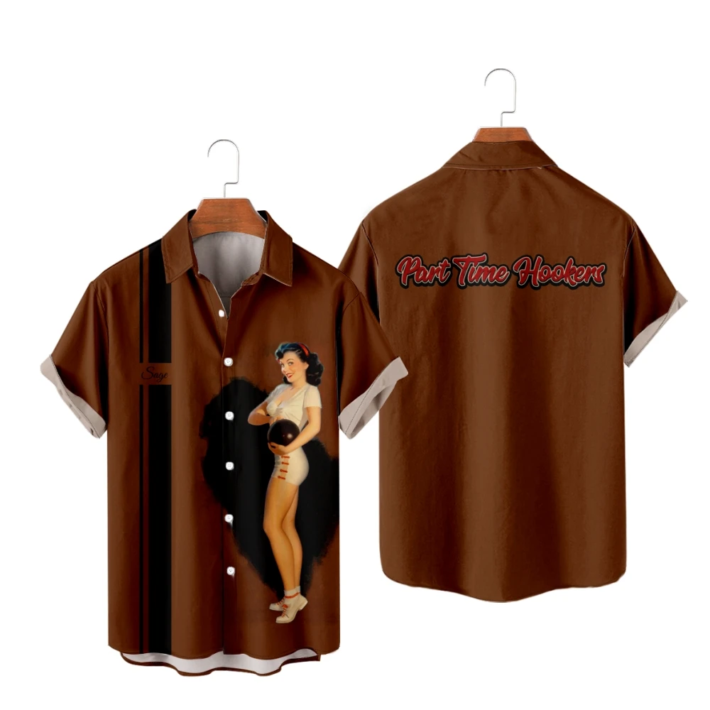 

Casual Shirts for Men Bowling Girl Print Shirts Short Sleeve Brown Color Summer Beach Vacation Tops Breathable