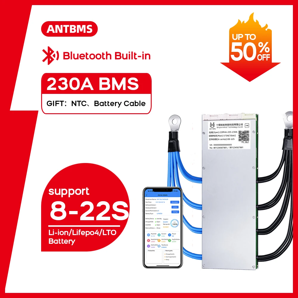 

ANT BMS 8S to 22S Li-ion Lifepo4 LTO Battery smart bms 24V 36V 48V 60V 230A 575A smart balance board 10S 12S 13S 14S 15S 16S 18S