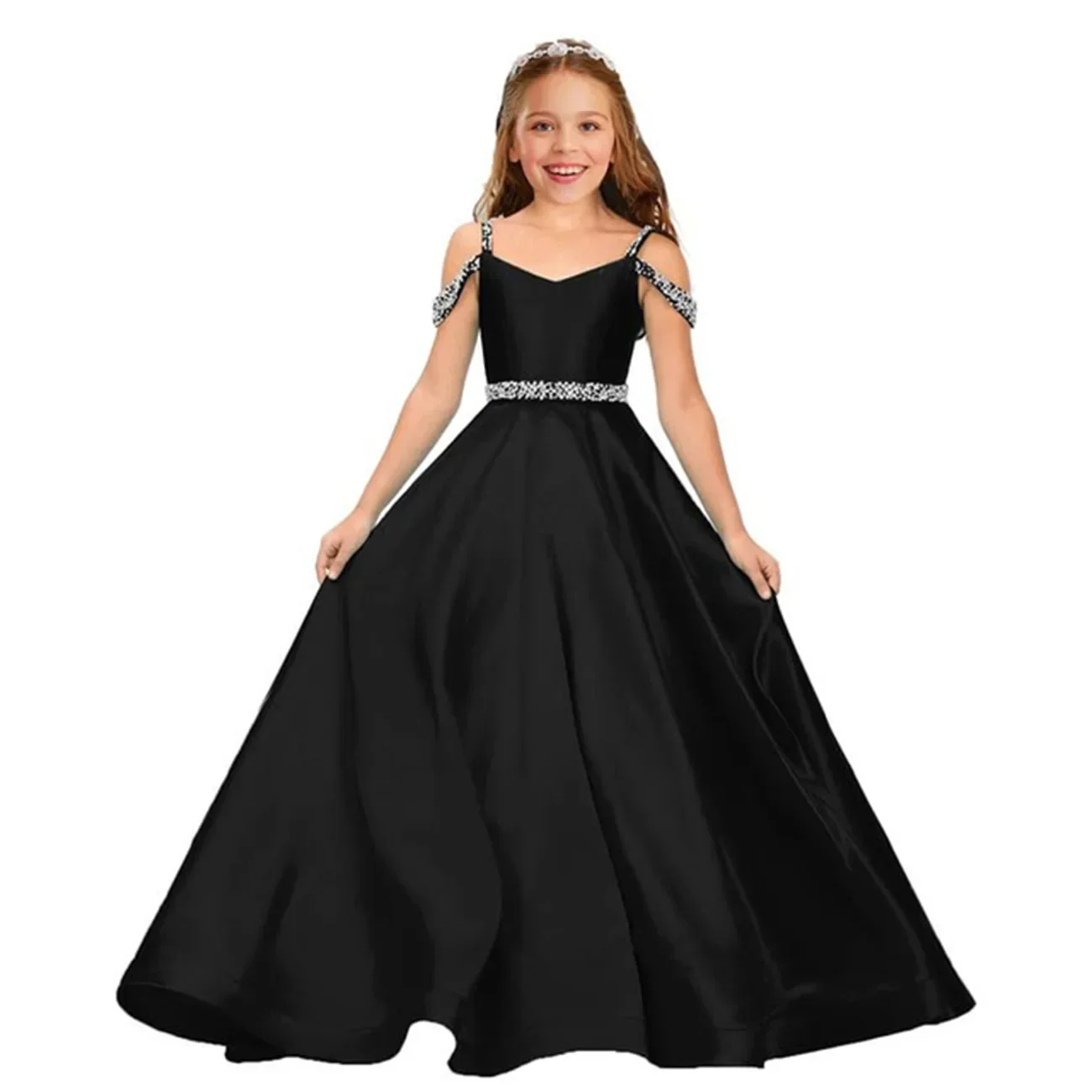 Elegante Satin Kind Hochzeits feier Kleider lange Perlen von der Schulter Geburtstag Blumen mädchen Kleid formelle Abendkleider für Mädchen