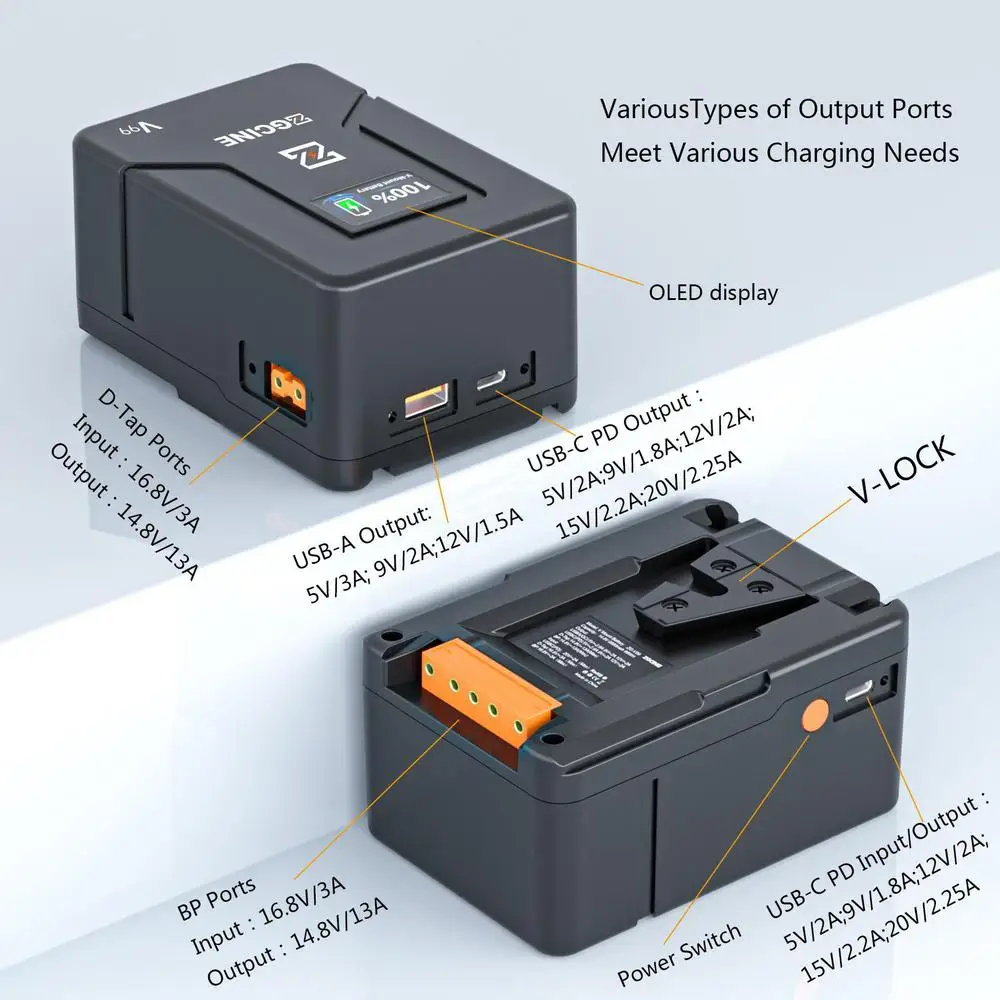 ZGCINE ZG-V99 V-Mount Battery 99Wh 14.8V 6800mAh for Continuous Light Aputure Amaran 60D/60X DSLR,battery charger kit.