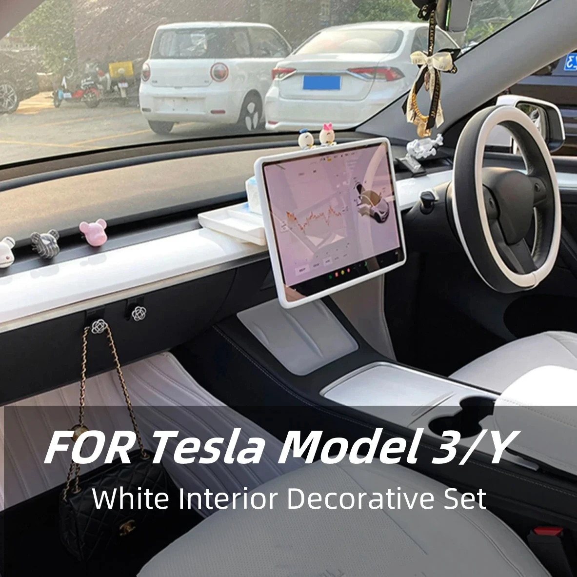 

For Tesla Model 3 Y White Interior Center Console Storage Box Steering Wheel Cover Screen Protection Decorative Footrest Seat