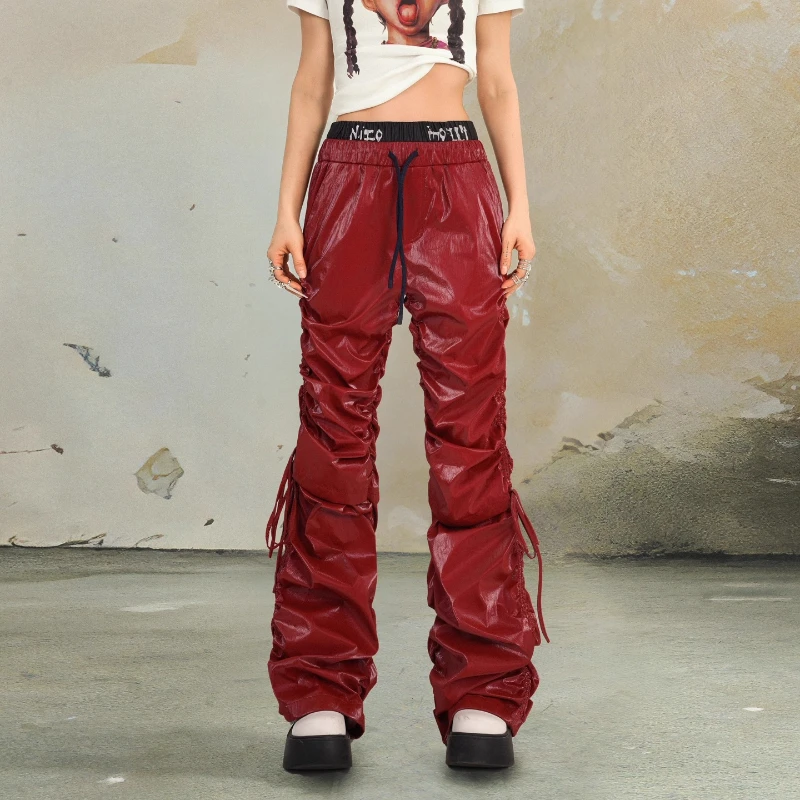 Original Design American Pleated Drawstring Red Women's Leather Pants Autumn New Sweet Cool Sexy Hot Girl Trousers Ladies Ladies