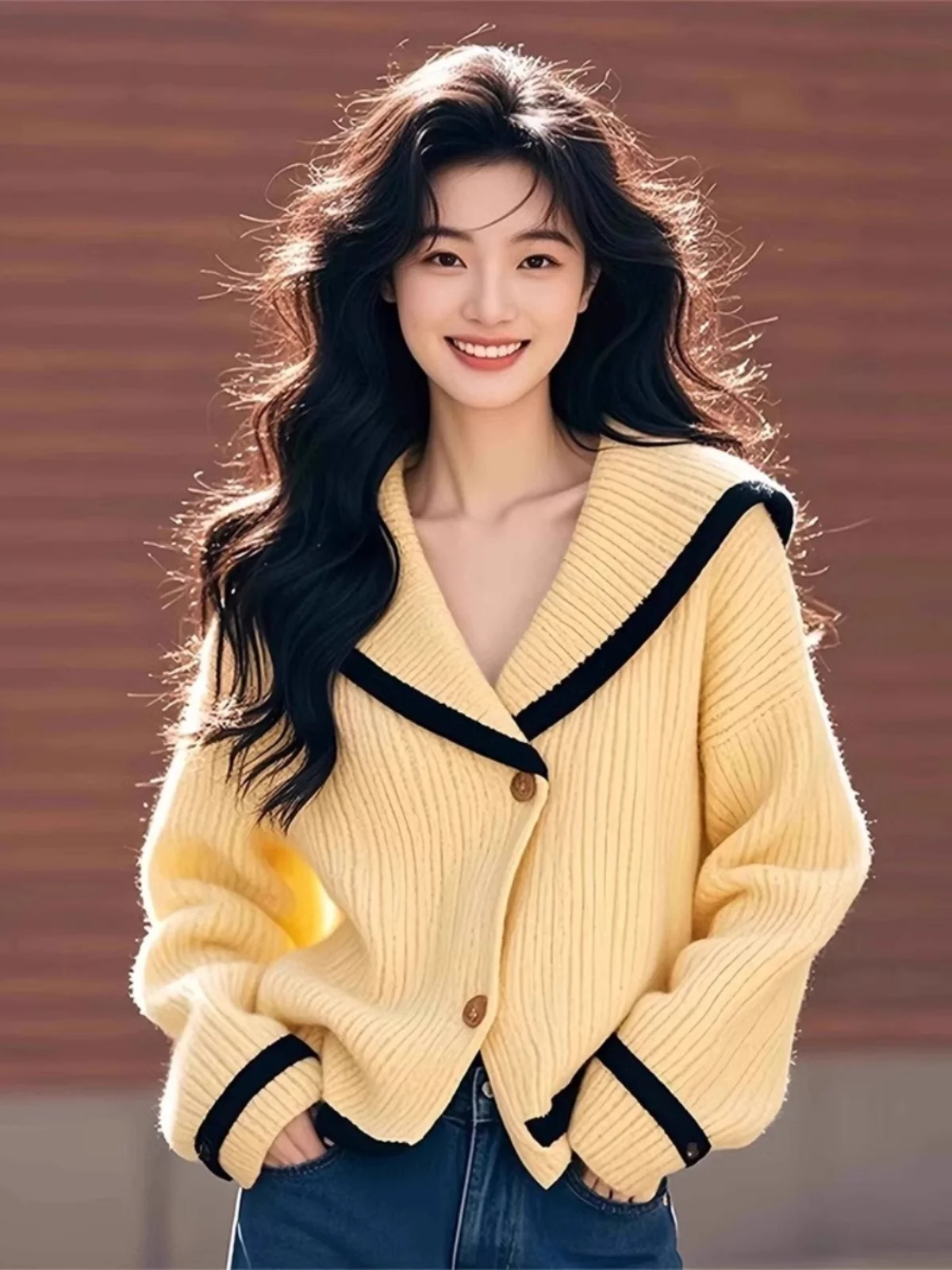 

Желто-синий вязаный кардиган с V-образным вырезом, свободный крой, длинный рукав, женская верхняя одежда, новинка весна-осень 2025, топ в стиле lazy style