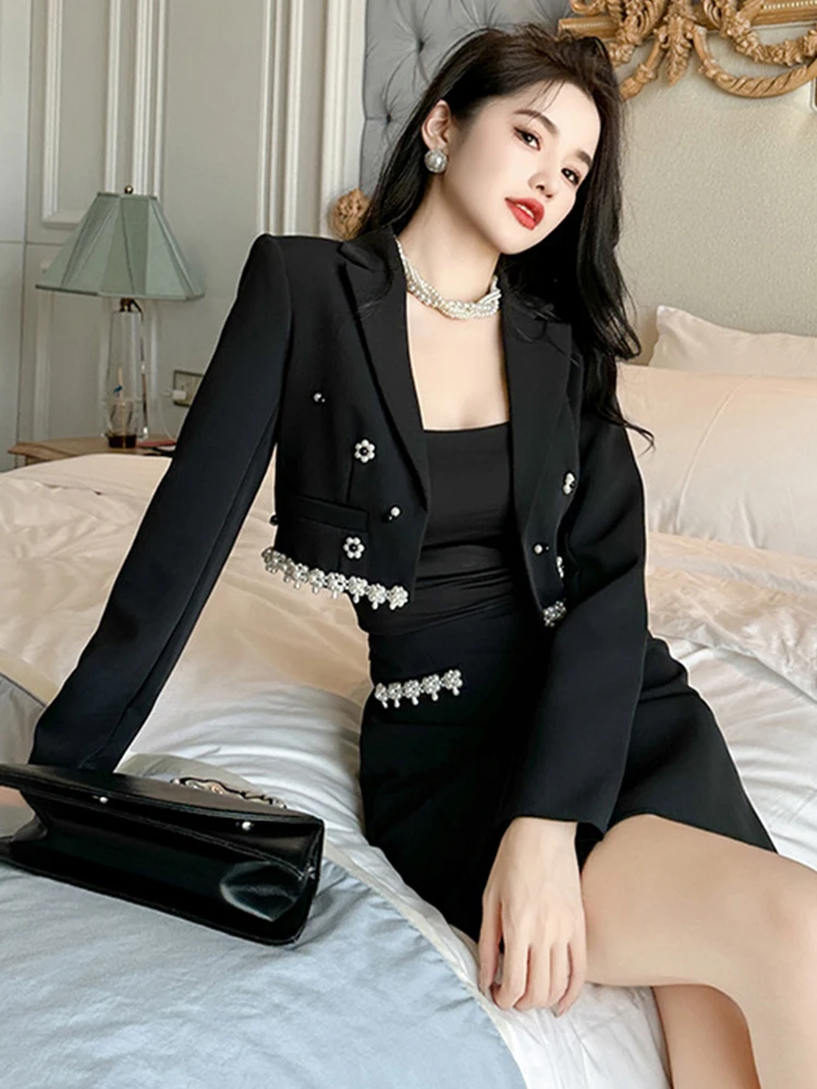 Elegant Fashionable 2 Pieces Outfits Women Black Pearl Flower Long Short Tops Suit Jacket Coat Skirt Sets Party Business Clothes