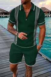 Men Summer Polo Shirt Set 2 Pieces Hawaii Tracksuit Casual Business Suit Fashion Trun Down Collar Zipper Clothing Vintage Outfit