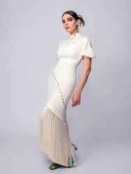 Fashionvane 2024 Customized High Collar Buttons Short Sleeves Evening Dress for Saudi Arabia Women Wear Tassels Vestido