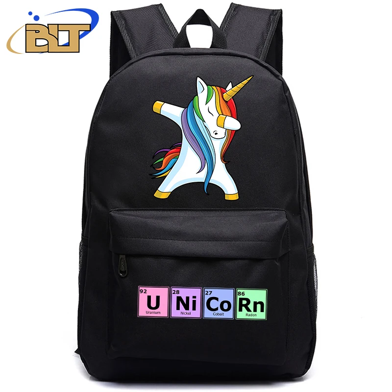 Mochila negra con estampado de unicornio para niños, bolsa escolar para estudiantes, regalo de regreso a la escuela