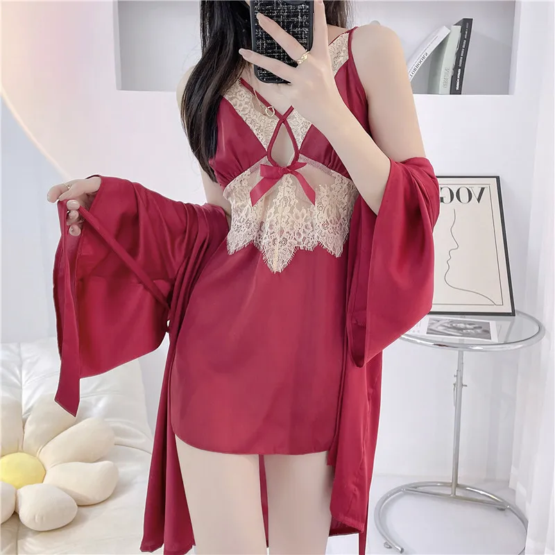 

Женский комплект из двух предметов, комплект из халата, женское кружевное кимоно, одежда для сна, ночная рубашка, нижнее белье, летняя атласная одежда для сна, халат, костюм, домашняя одежда