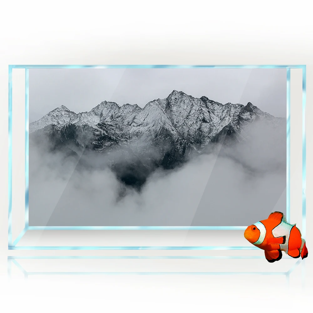 Aquarium Background Sticker Decoration for Fish Tanks, Gray Mountain Fog HD 3D Poster Self-Adhesive Waterproof