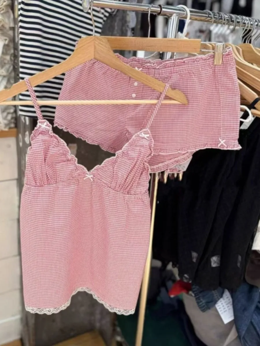 

Pink Plaid Tank Tops Pant Outfits Women Summer Cotton Bow Lace Trim Camisole+Fungus Short Pants Sweet Cute 2 Piece Sets Clothes