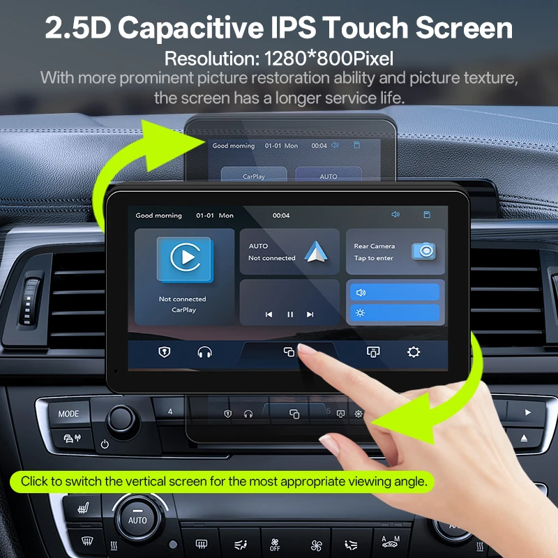 Hippcron 7 "راديو سيارة قابل للدوران لاسلكي Carplay أندرويد الملاحة التلقائية مشغل وسائط متعددة IPS شاشة تعمل باللمس USB مرآة بلوتوث