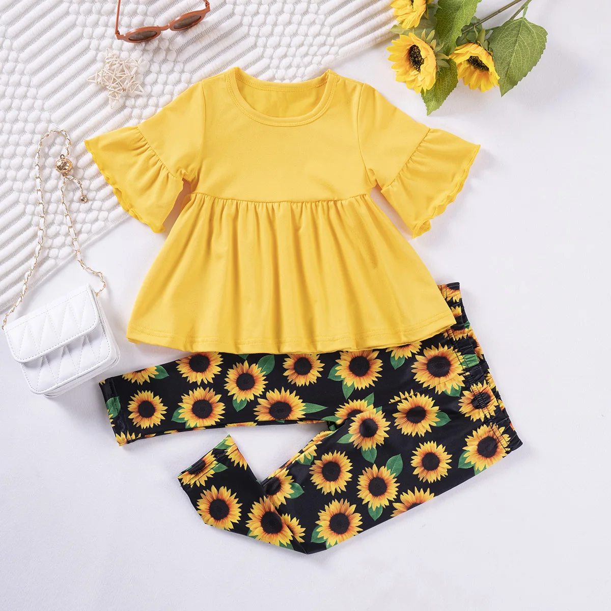 New Spring and Summer Toddler Girl\'s Suit Lotus Leaf Sleeve Top Sunflower Full Print Pants 2pcs Girl\'s Printed Leisure Suit 0-4Y