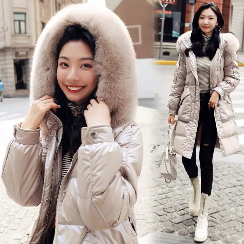 موضة جديدة متوسطة وطويلة سترة سميكة فضفاضة ورقيقة الشتاء الخصر سترات لامعة الفراء طوق ترك في أسفل الملابس القطنية