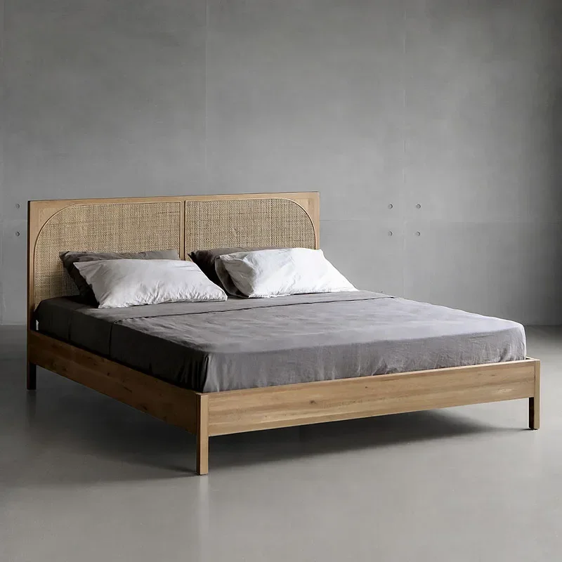 Nordic solid wood rattan bed simple modern Japanese double wabi sabi wind master bedroom homestay home rattan art bed
