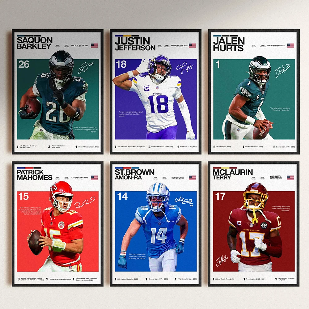 Póster de Lucha de Leyendas del Rugby, Impresión en Lienzo de Mahomes, Hurts, Jefferson y Barkley, Decoración de Pared, Mural para el Hogar, Cuadros