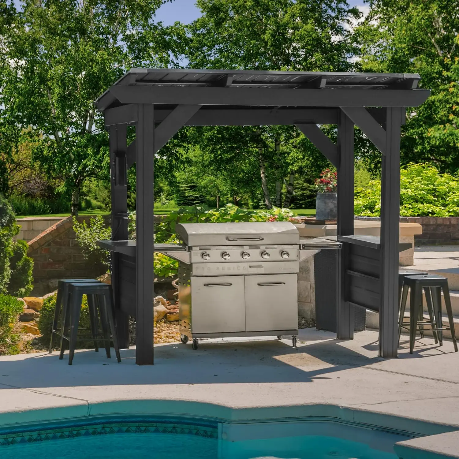 Rockport 8' x 6' Galvanized Steel BBQ Grill Gazebo Pavilion with Hardtop Steel Roof, Bar Tops, Powerport, Snow Load Support, Win