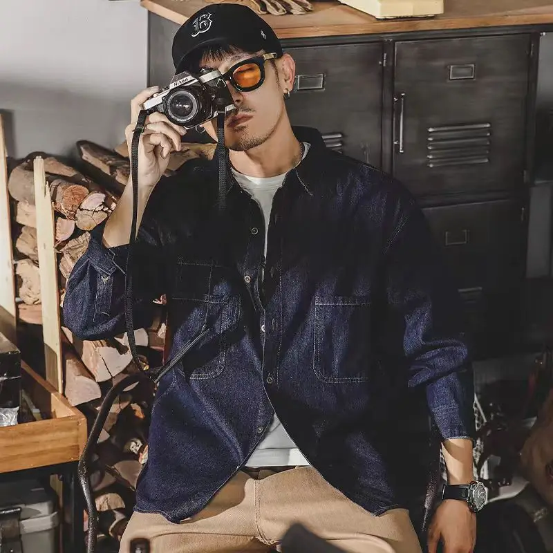 Jaqueta jeans retrô americana masculina manga comprida solta ajuste camisa casual primavera outono tendência da moda