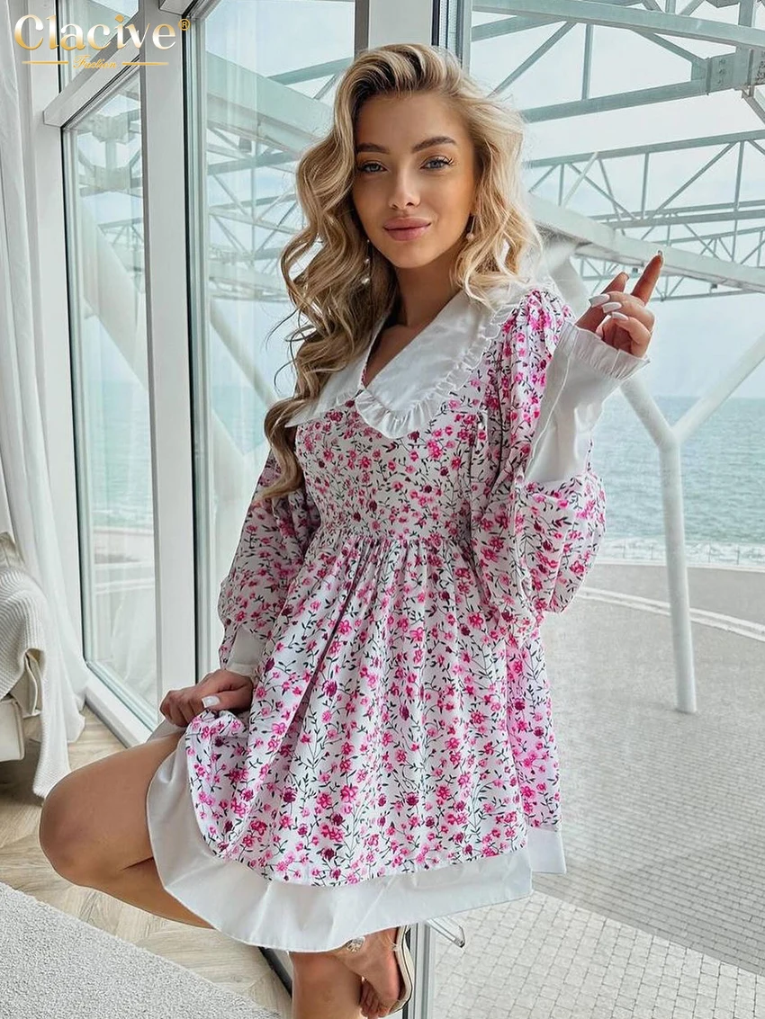 Clacive Fashion Loose Print Women\'s Dress Fashion Doll Collar Lantern Sleeve Mini Dresses Elegant Classic Patchwork Female Dress