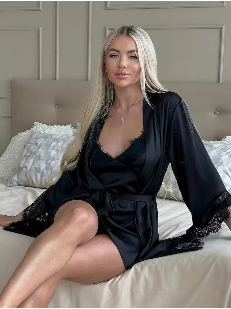 

Сексуальный черный кружевной халат-ночнушка для женщин, шелковый атласный элегантный халат для свадебной вечеринки, короткий комплект из ночной сорочки и халата для подружек невесты, пижама