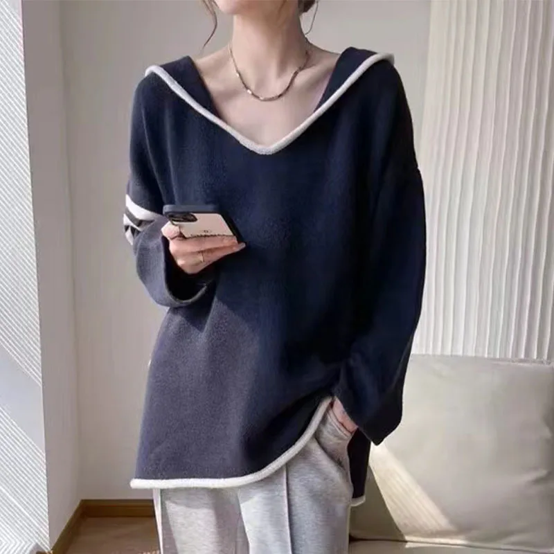 

2024 New Hooded Pullover Women Knitted Cashmere Wool Fashion Sweater Side Fork Long Styles High-quality Loose Single Size Tops