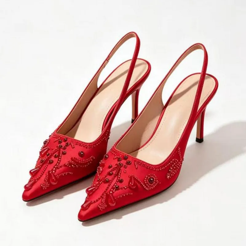 Women Sandals Red Satin Heavy Beaded Rhinestone Slingback Heels Pointed Toe Thin Stiletto Wedding Banquet Party ElegantF140