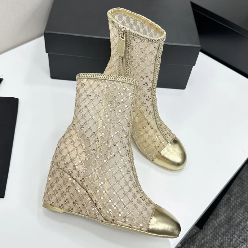 

High Quality Satin + hand-sewn bead decoration, sheepskin lining, women's side zipper inner-heightening mid-calf boots 25120142