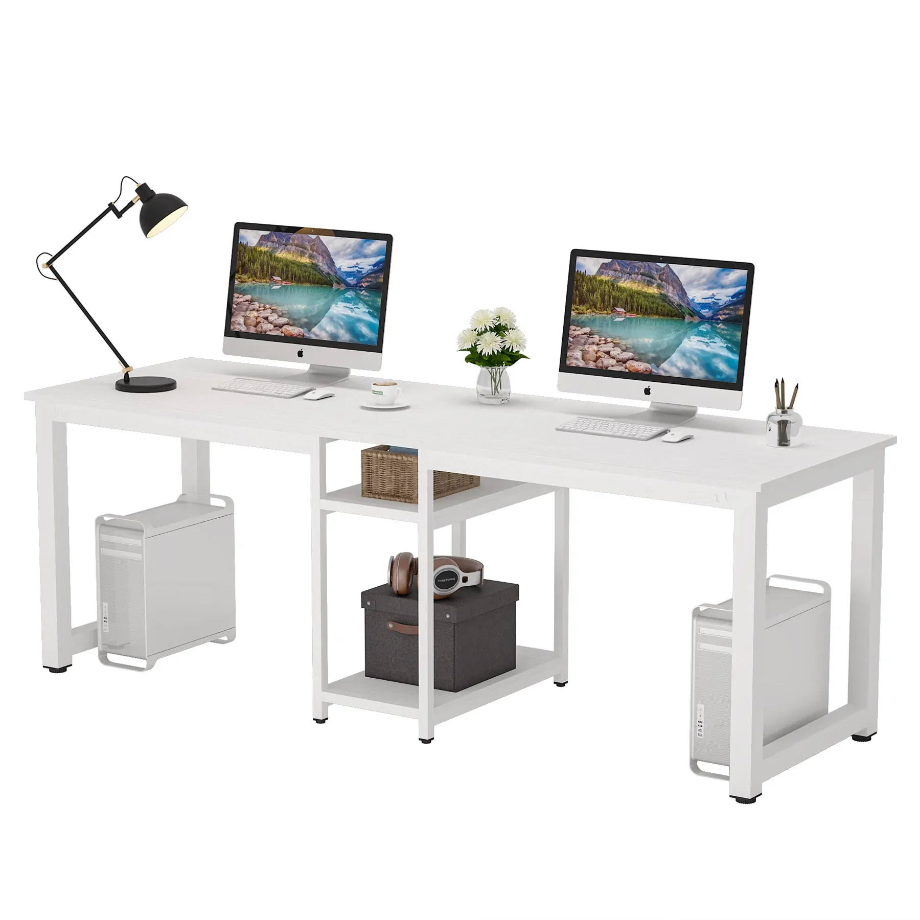 Tribesigns White Long Computer Desk 78 Inches Wood Two Person Office Desk with Open Shelves