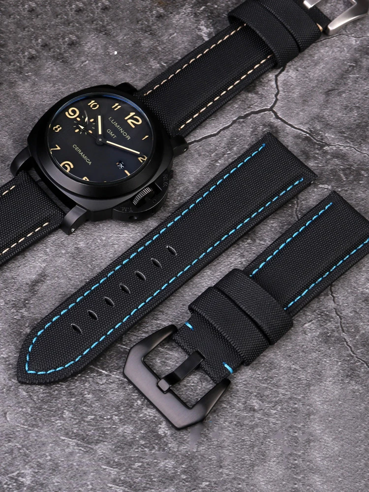 22mm 24mm 26mm Nylon Texture Leather Watchband for Panerai PAM01661 441 Marina Watch Strap Black Blue line Watch Accessories