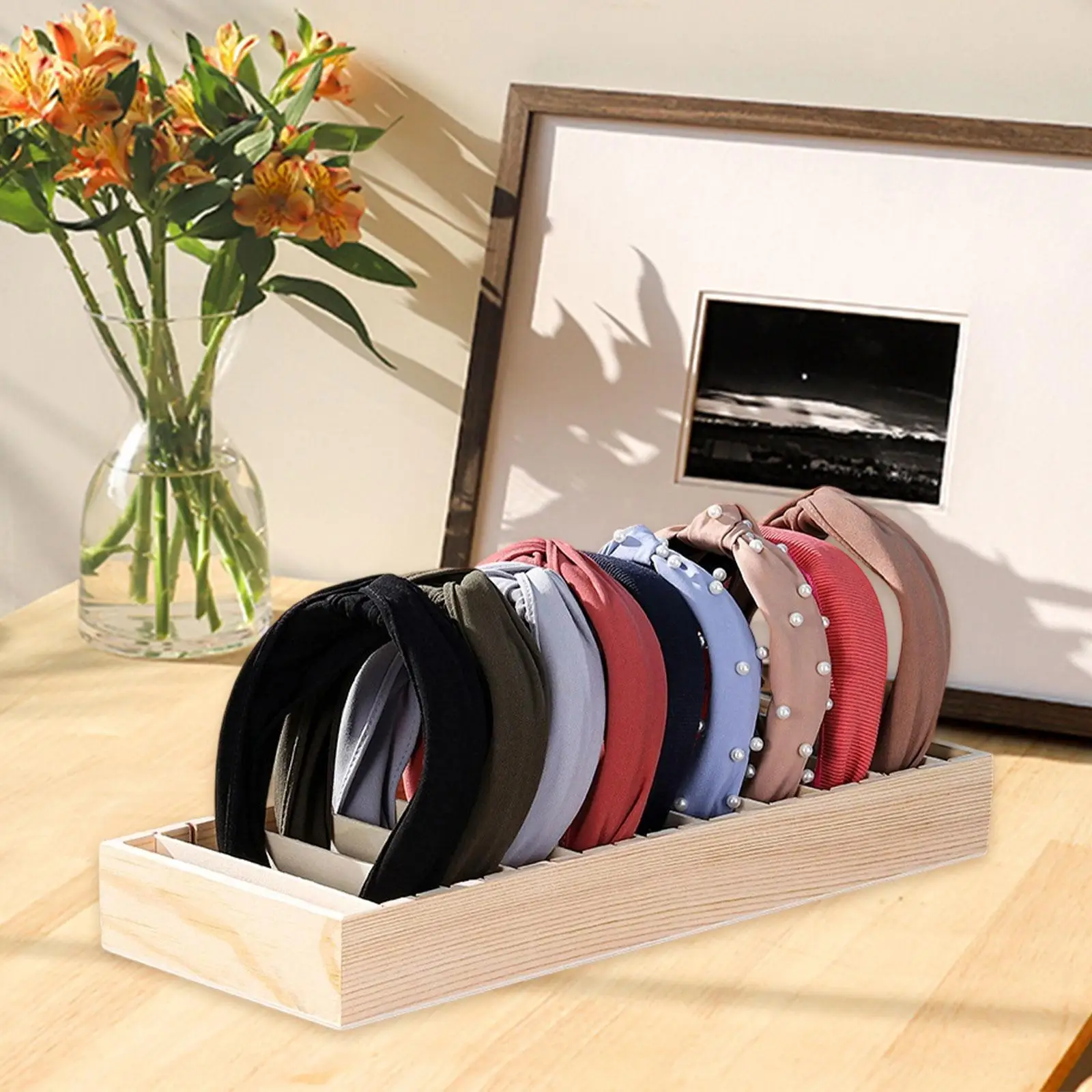 

Wooden Hairband Display Tray Stylish Decor Jewelry Tray with Dividers Multipurpose Lightweight Hair Accessory Storage Stand