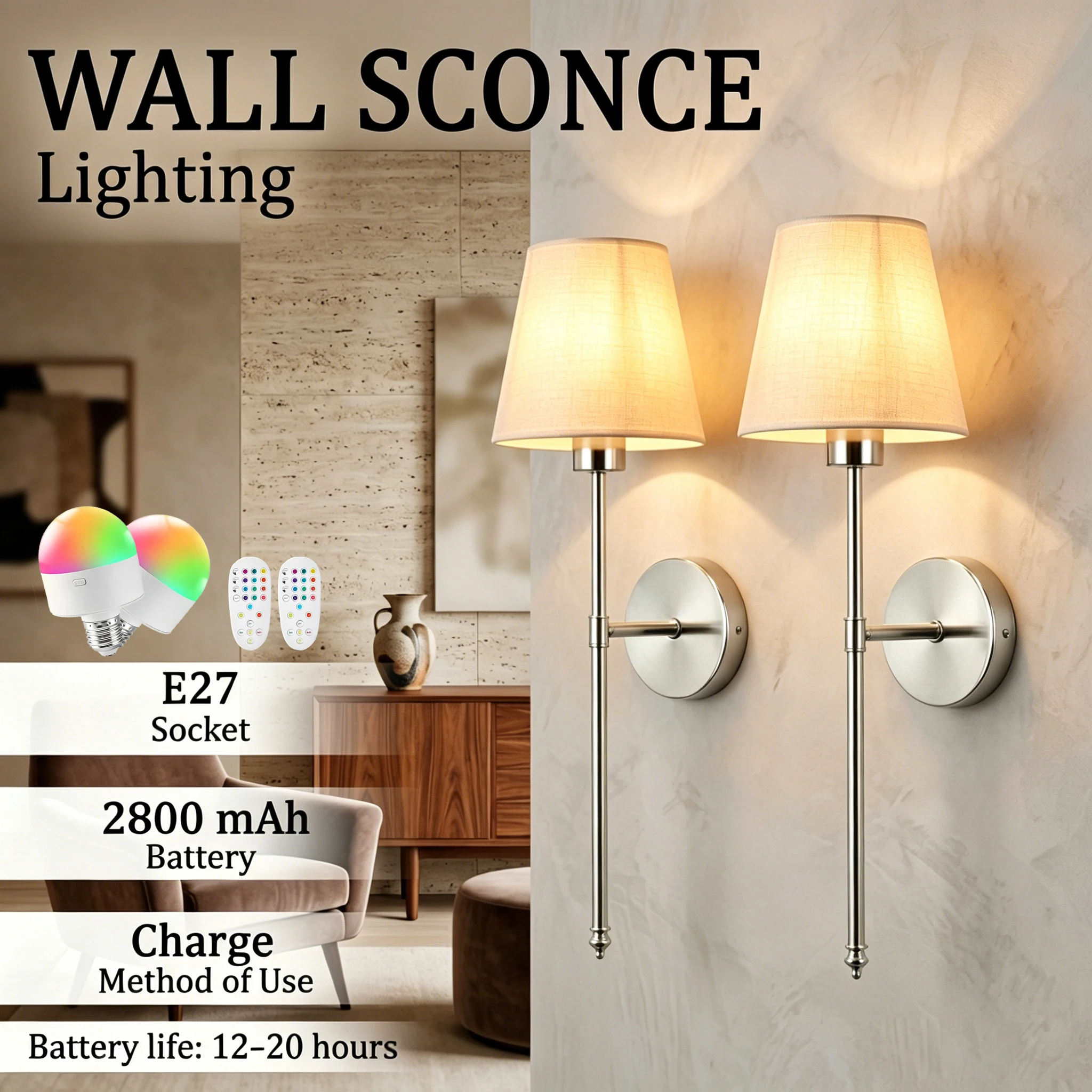 Rechargeable Wall Sconce Nordic Style Fabric 2800mAh Battery For Living Room Feature Walls Bedrooms Home Offices Dining Rooms