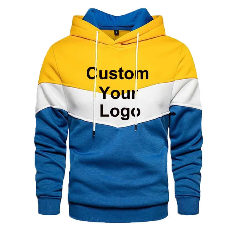 Man Custom Your Logo Splicing Hoodies Pullover Autumn Winter Fleece Warm Sweatshirts Casual Sport Tops