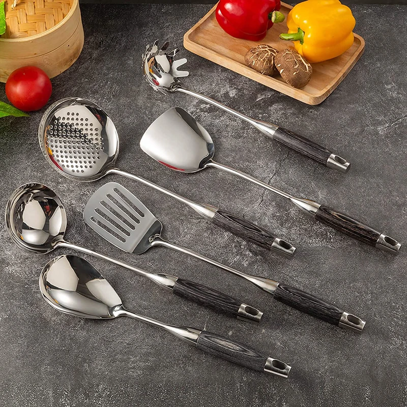 6/7Pcs Stainless Steel Kitchen Utensils Set, Cooking Tools with Wood Handle, Spatula Ladle Skimmer Tunner Spoon Server Strainer