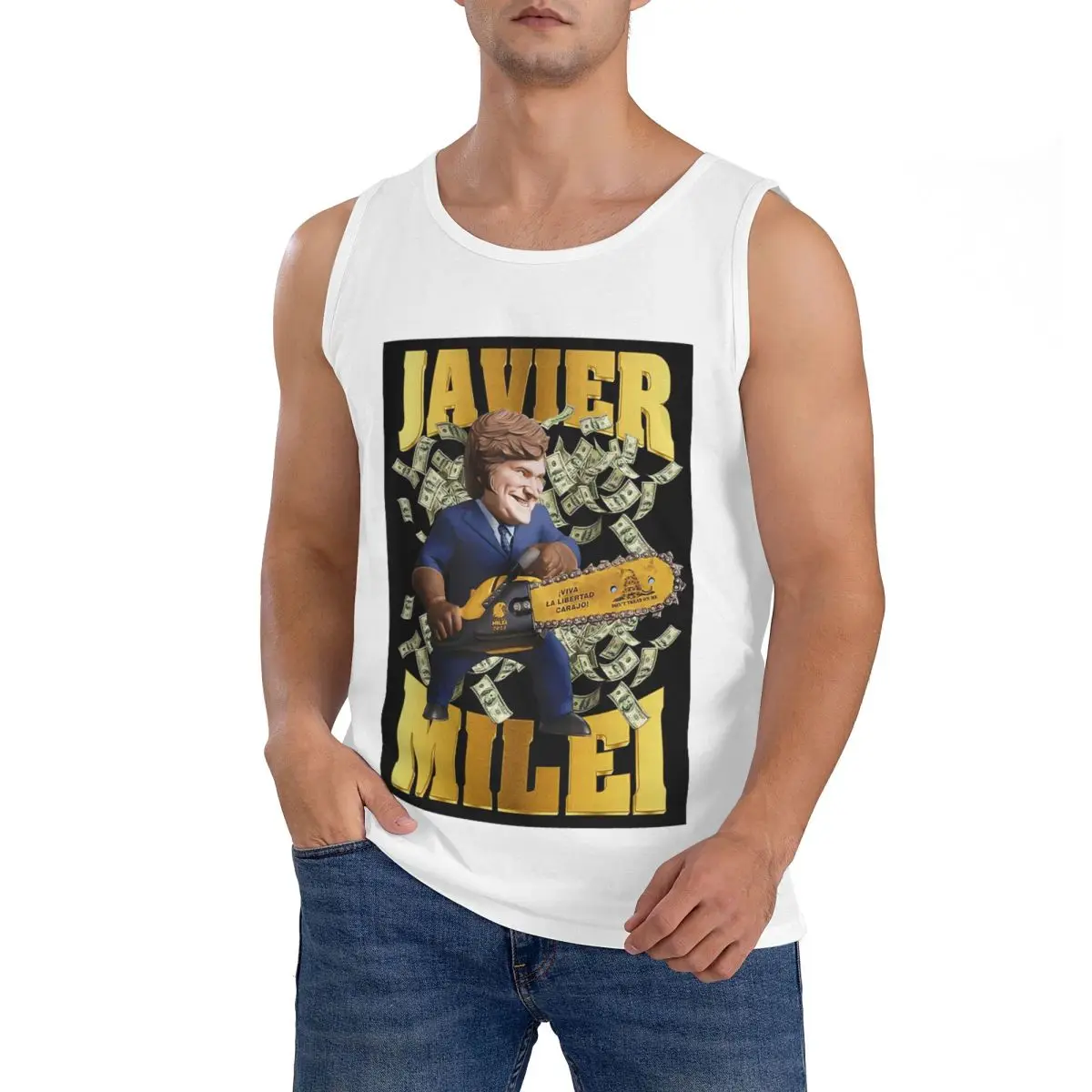 Camiseta sin Mangas 100% Algodón Javier Milei, Ropa Deportiva para Hombre, Camiseta Deportiva con Cuello Redondo para Hombre