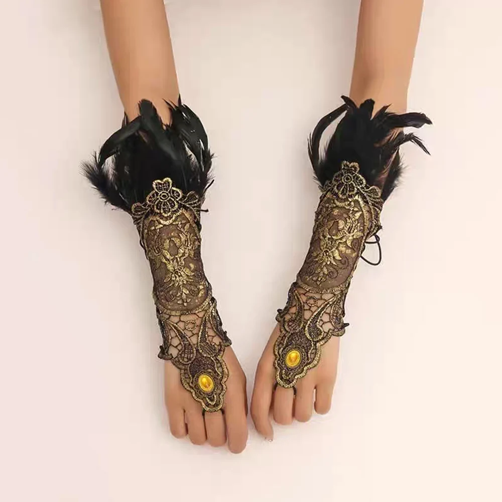 1pcs Gothic Feather Gold Lace Long Glove Bracelet Women Party Sexy Fingerless Gloves Exaggerated Lace Fishnet Gloves Accessories