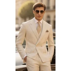 Summer Linen Men Suits 3 Piece (Blazer+Vest+Pants) High Quality Peak Lapel Double Breasted Suit Smart Casual Wedding Tuxedo