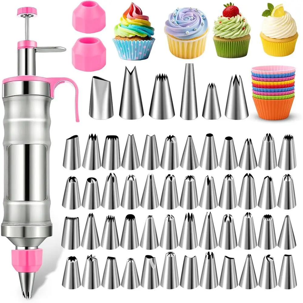 

Dessert ting Syringe Set, Frosting Piping Kit Stainless Steels Cake ting Kit with 54 Piping Tips & 9 silicone cupcakes, Cupcake