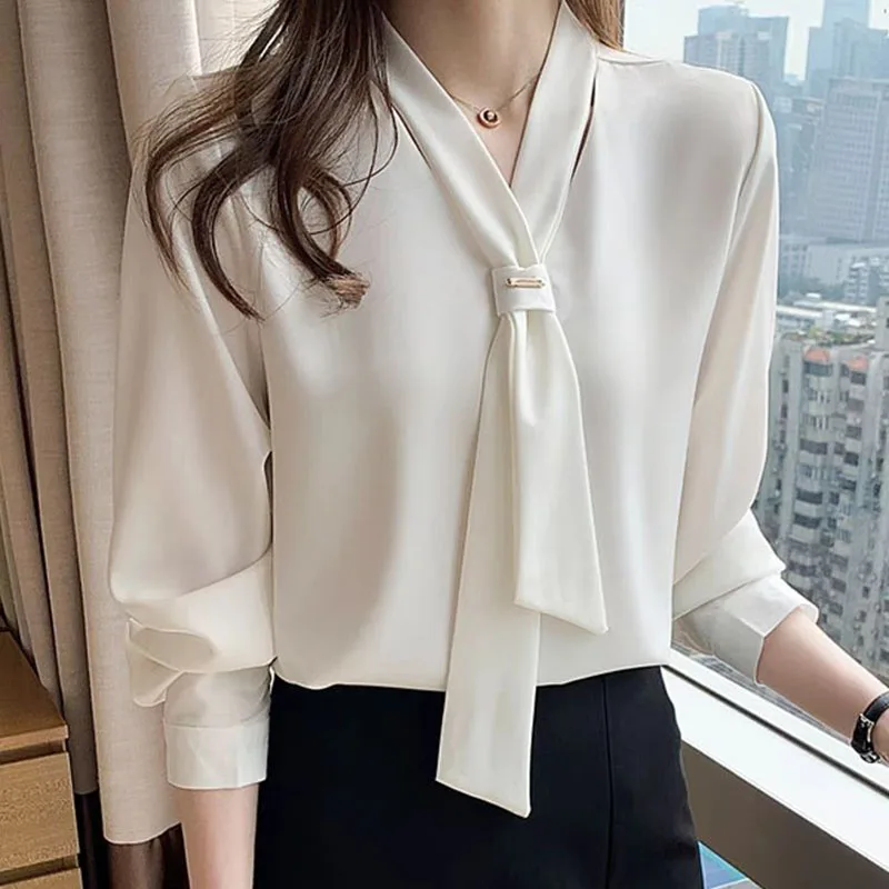 

Elegant V-Neck Solid Color Lace Up Blouse Women's Clothing 2024 Autumn New Loose Casual Pullovers All-match Office Lady Shirte