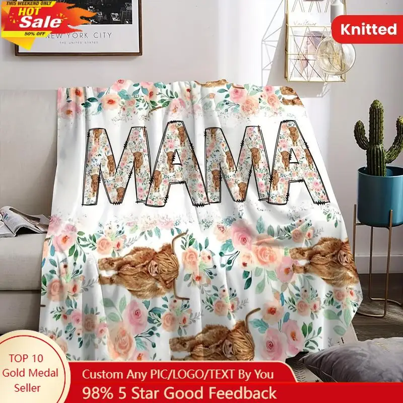 

Vintage Animal-Themed Mama Soft Fleece Throw Blanket Farmhouse Style Floral Highland Cow Print Cozy Knitted Custom blankets