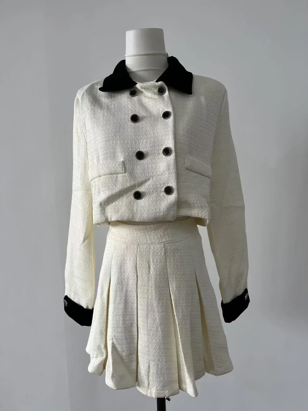 

French Elegant Autumn New Women Two Piece Skirt Sets Bow Design Turn Down Collar Long Sleeve Jacket + A Line Pleated Mini Skirt