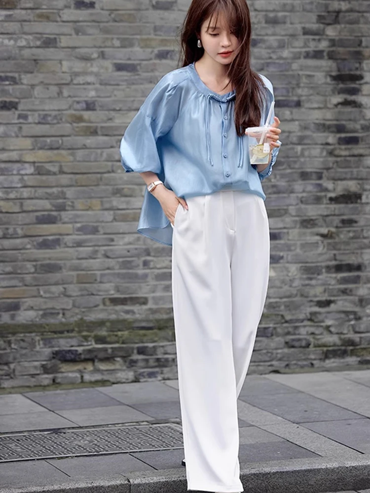 قميص نسائي فضفاض بلون واحد للتنحيف بأكمام ثلاثة أرباع عصري على الطراز الكوري قصة مستقيمة جديد للصيف