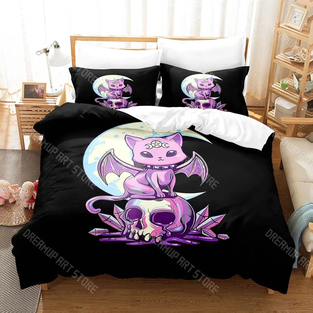 Pastel Goth Cute Creepy Witchy Cat Skull Bedding Set for Boys Girls Duvet Cover Twin Queen King Full Single Double Sizes