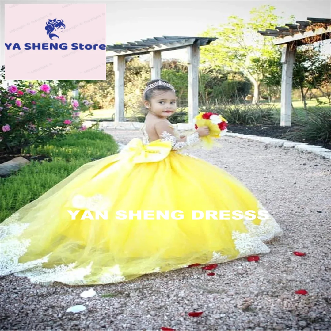 فساتين زفاف مخصصة لفتاة الزهور من الدانتيل للأطفال الصغار فستان الأميرة مطرز بأكمام كاملة لحفلات أعياد الميلاد Dre