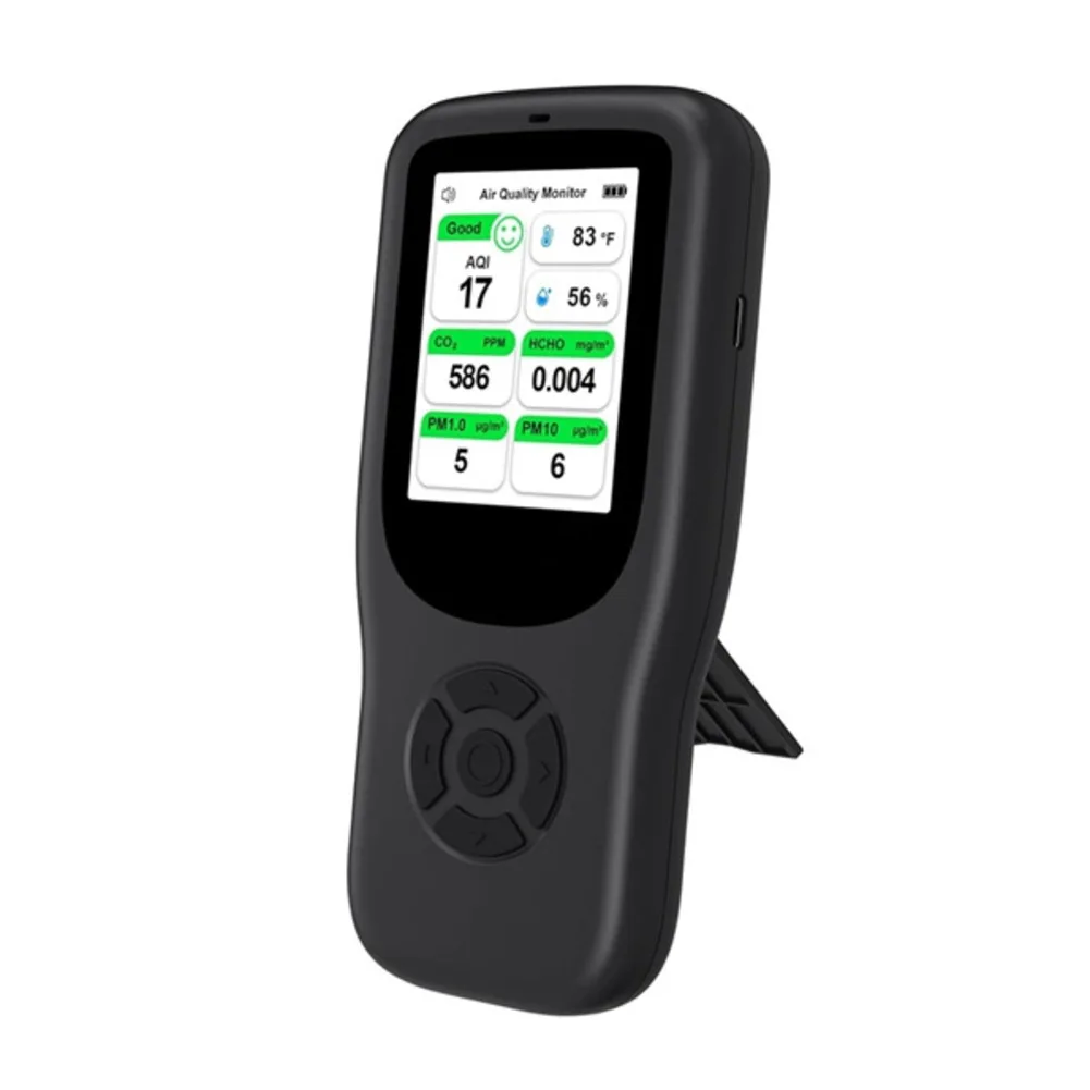

Handheld 9 in 1 Air Quality Detector with Stand for For car and Home Use Measuring PM Temperature and Humidity