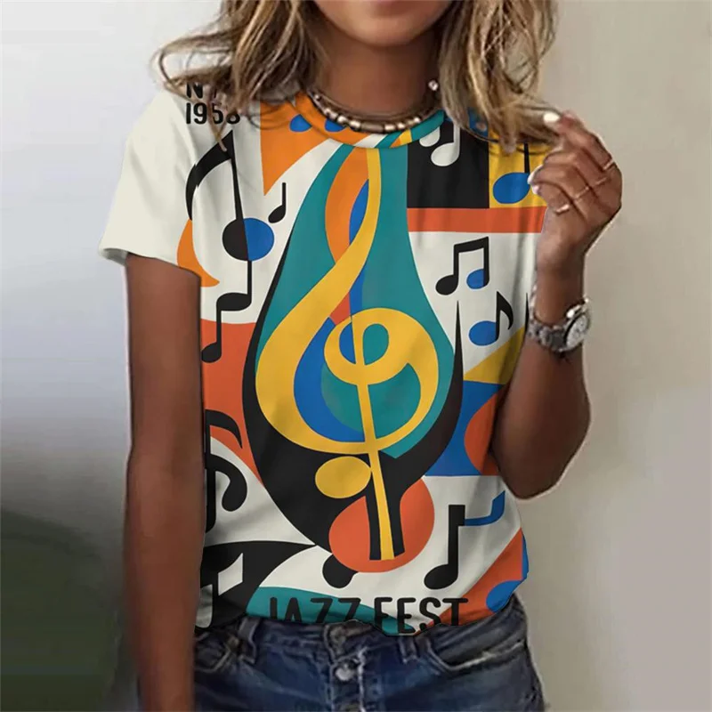 3D Printed Music Violin T-Shirt For Women Colorful Painting Pattern Tees Summer Casual Short Sleeves O-Neck Tops Loose T Shirts