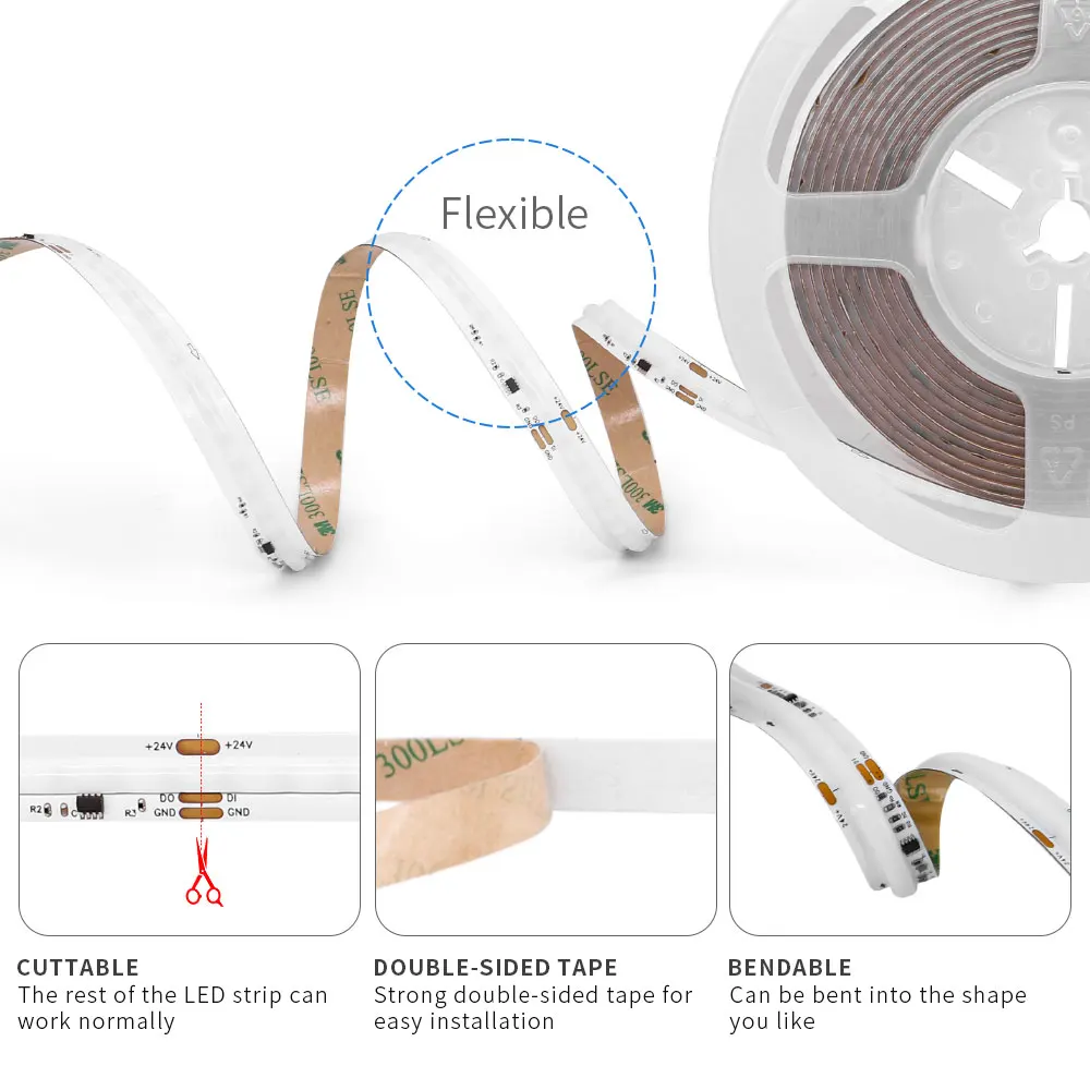 WS2811 RGBIC COB LED Strip 576 720leds/m Light Addressable SPI Dream Color Flexible WS2812B FCOB Ribbon Tape RA90 DC12V/24V