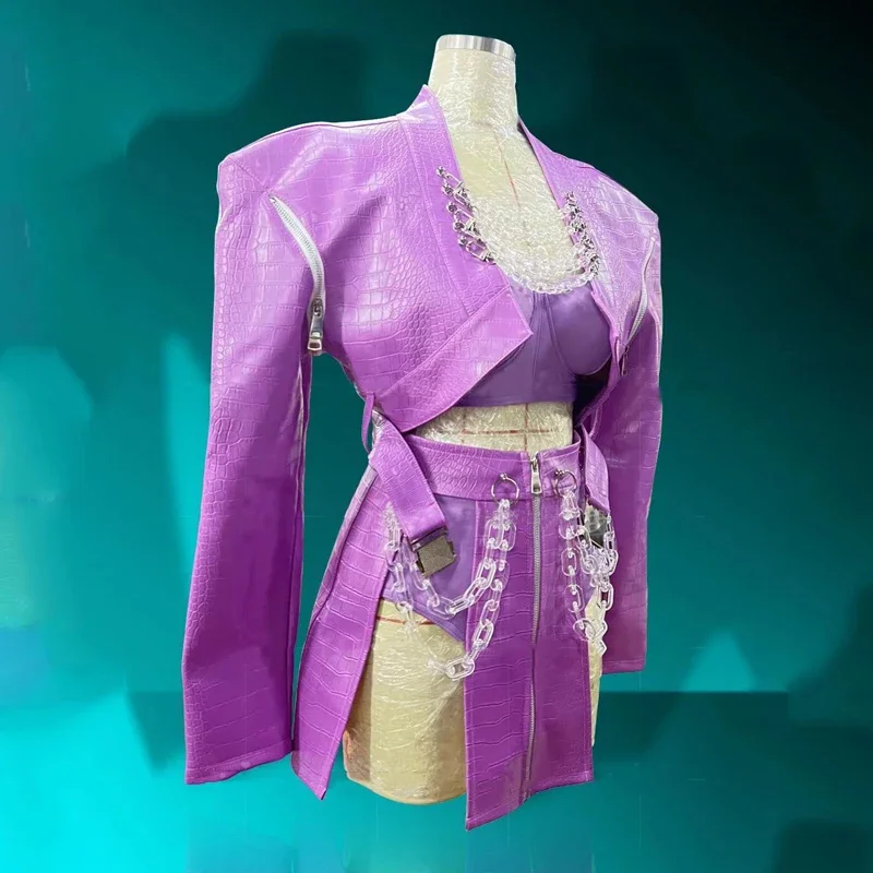Punk Style Purple Leather Jacket Skirt Women Sexy Pole Dance Clothing Bar Nightclub Dj Ds Gogo Costumes Stage Rave Outfit XS5278